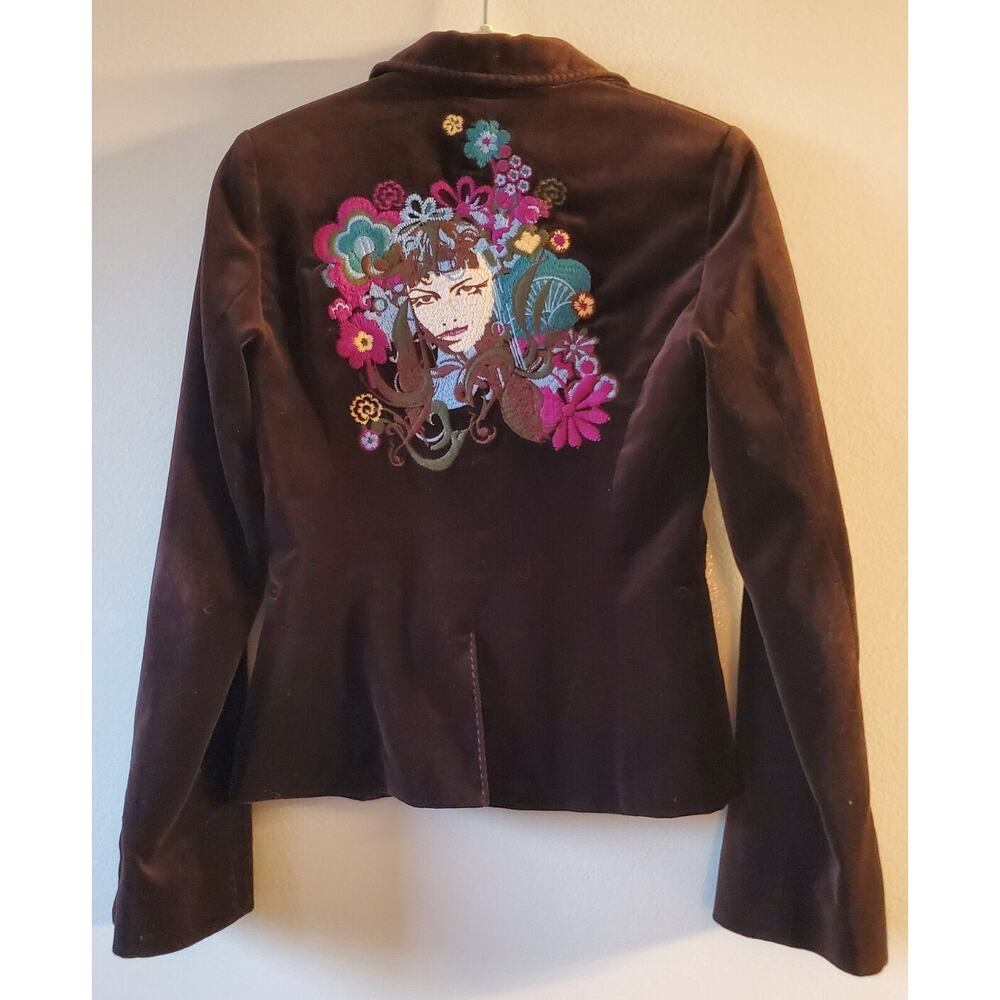 TRUE RELIGION Brown VELVET EMBROIDERED Jacket Blazer XS Rock Glam Lux Feminine
